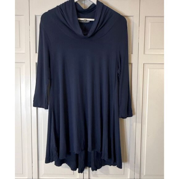 Joan Vass Studio navy blue cowl neck tunic blouse M - Picture 2 of 8